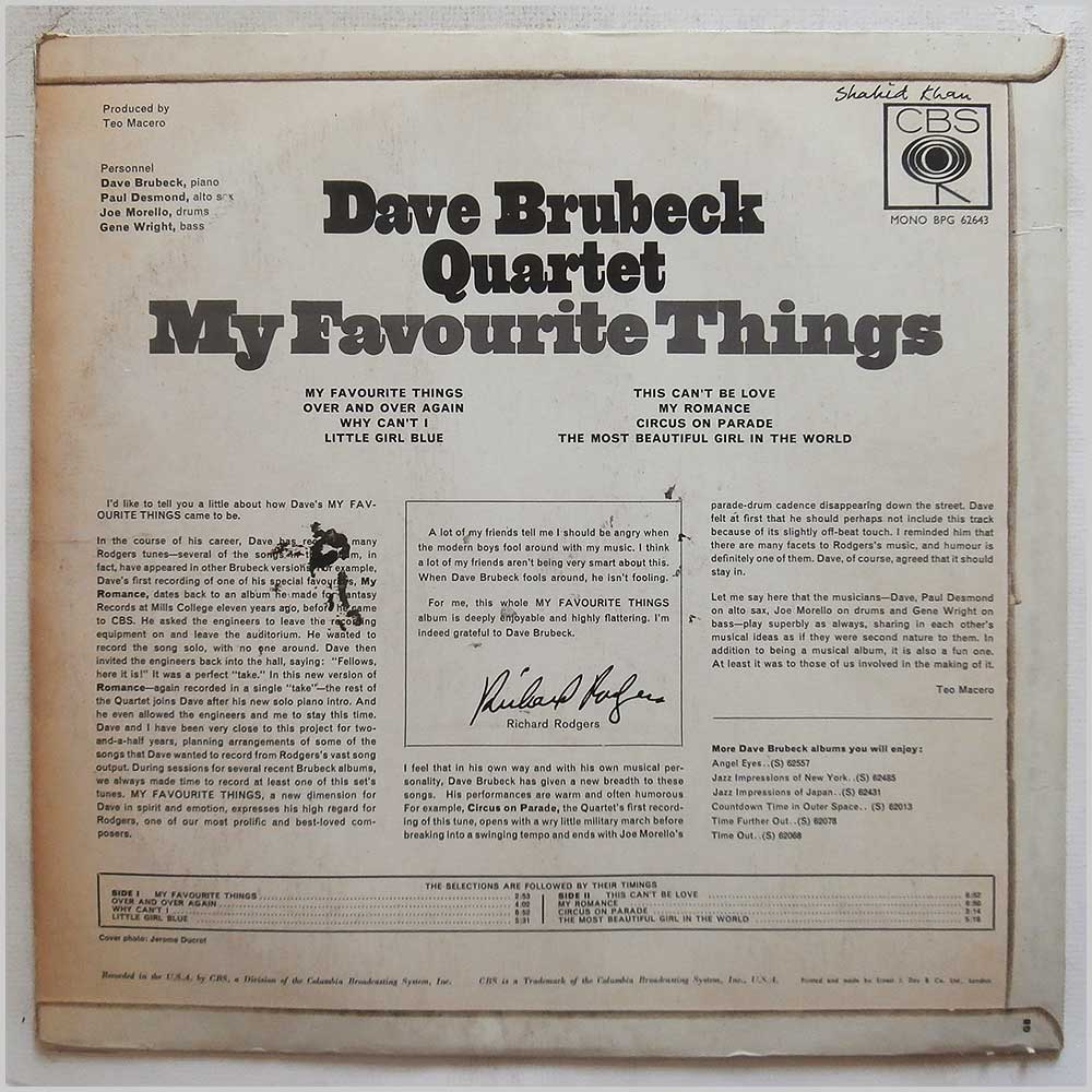 Dave Brubeck Quartet - My Favourite Things  (BPG 62643) 
