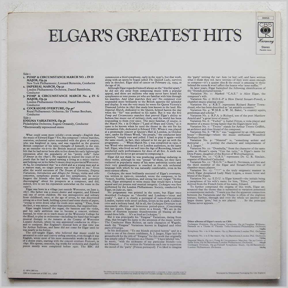 Leonard Bernstein, Daniel Barenboim, Sir Thomas Beecham, Eugene Ormandy - Elgar's Greatest Hits  (CBS 30055) 
