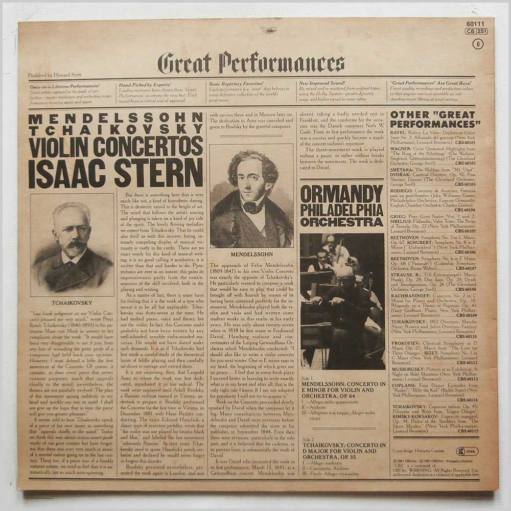 Isaac Stern, Ormandy, Philadelphia Orchestra - Mendelssohn, Tchaikovsky: Violin Concertos  (CBS 60111) 