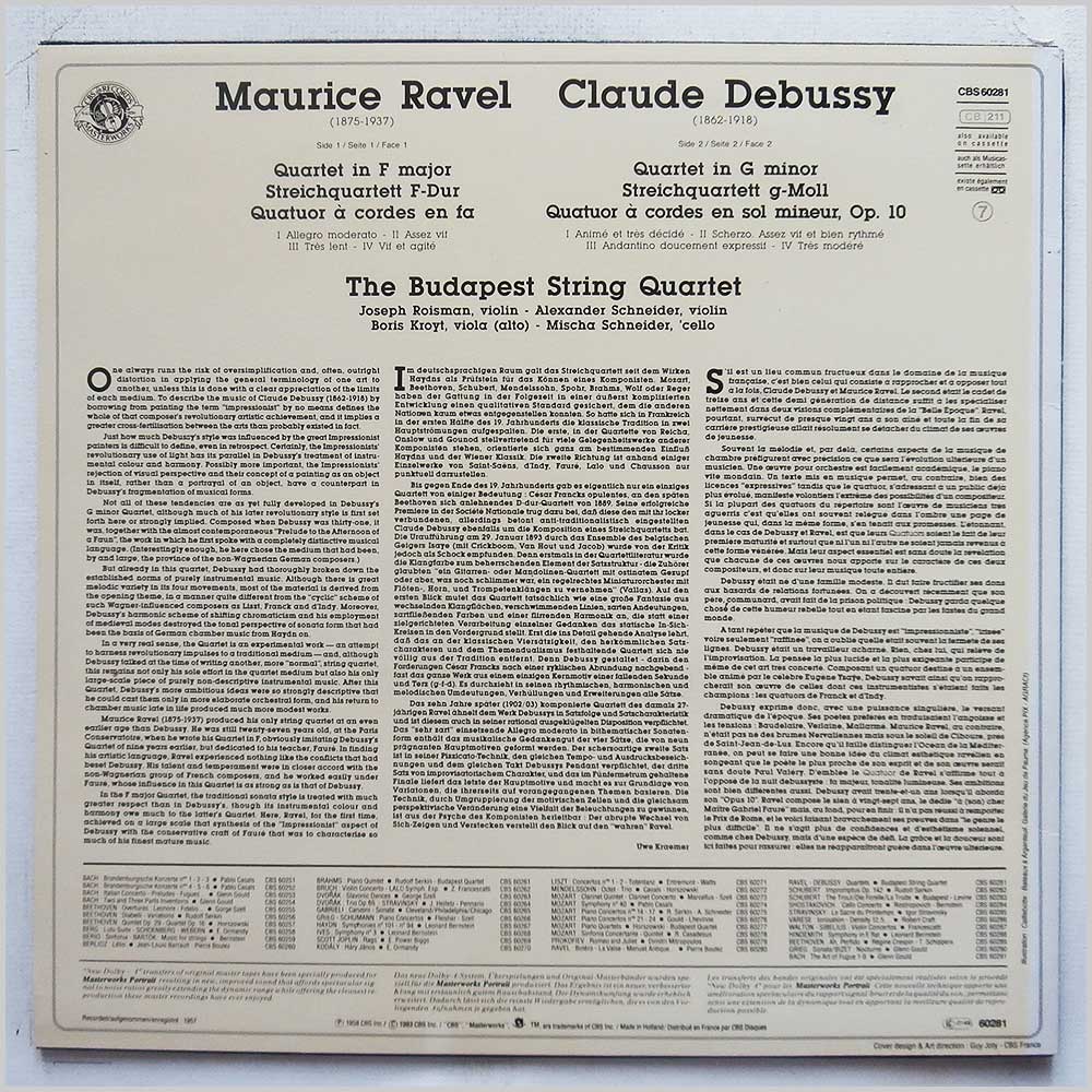 Budapest String Quartet - Ravel: Quartet In F Major, Debussy: Quartet In G Minor, Op. 10  (CBS 60281) 