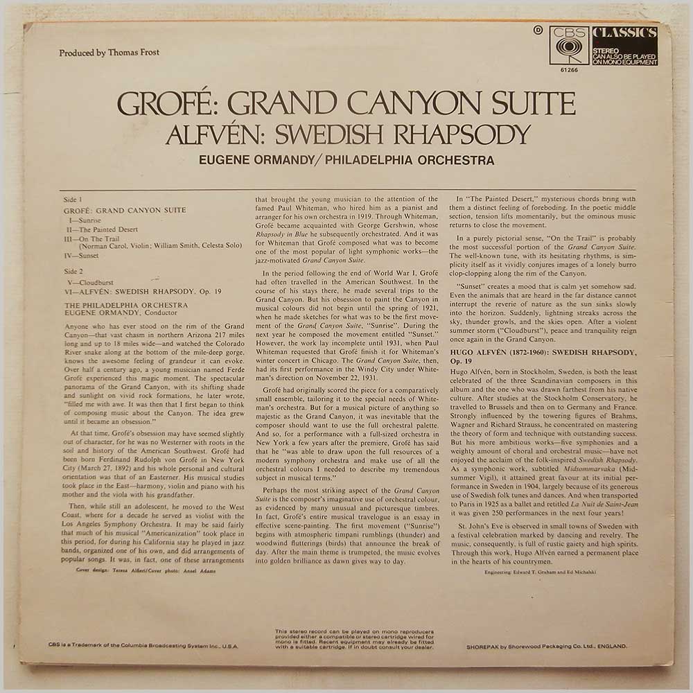 Eugene Ormandy, Philadelphia Orchestra - Grofe: Grand Canyon Suite, Alfven: Swedish Rhapsody  (CBS 61266) 