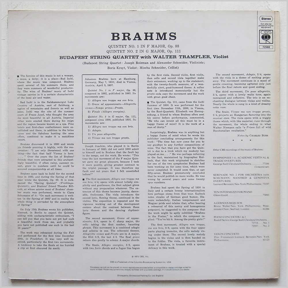 Walter Trampler, The Budapest String Quartet - Brahms: Quintet No. 1 In F Major Op. 88, Quintet No. 2 In G Major Op. 111  (CBS 72588) 