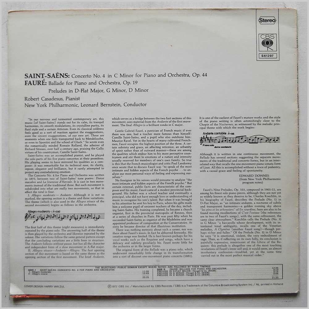 Robert Casadesus, Leonard Bernstein, The New York Philharmonic Orchestra - Saint-Saens, Faure: Piano Concerto No. 4, Ballade for Piano and Orchestra, Three Preludes  (CBS S 61297) 