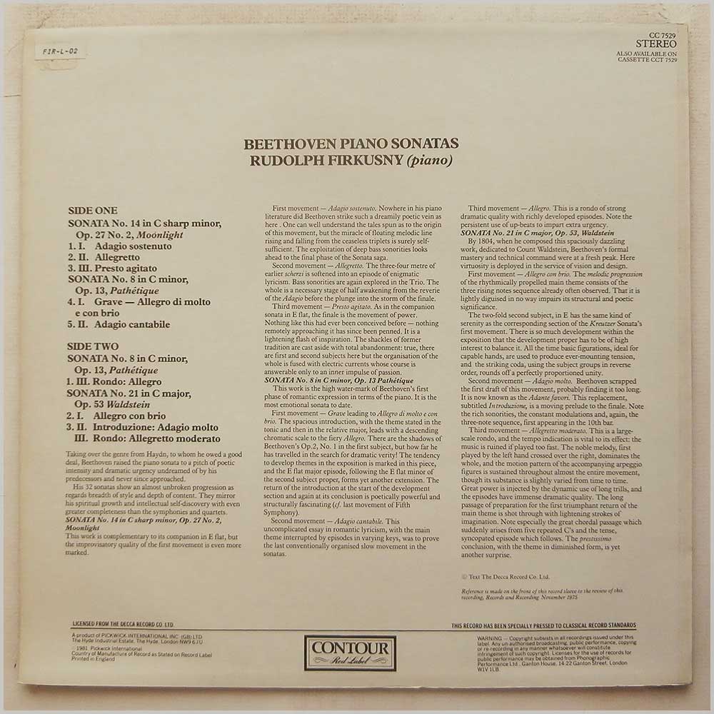 Rudolf Firkusny - Beethoven: Piano Sonatas (Moonlight, Pathetique, Waldstein)  (CC 7529) 