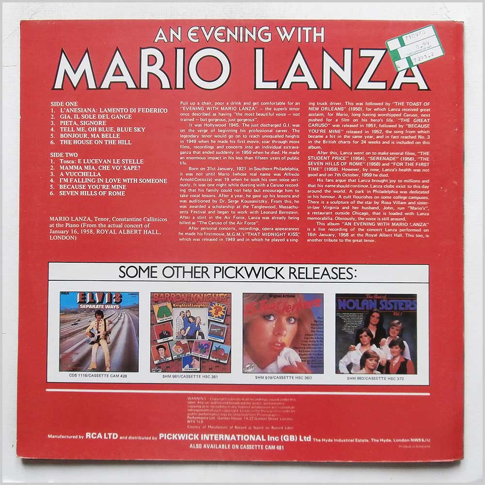Mario Lanza - An Evening With Mario Lanza  (CDS 1170) 
