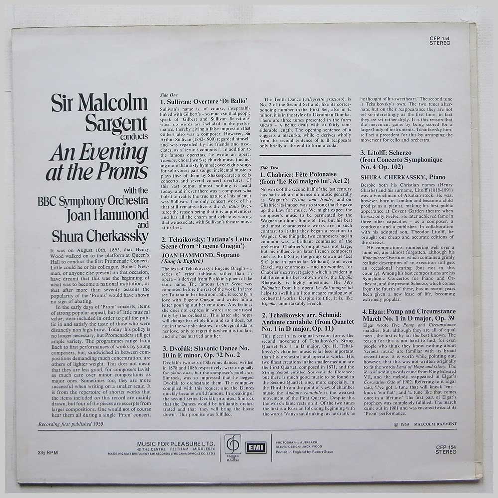 Sir Malcolm Sargent - An Evening At The Proms With The BBC Symphony Orchestra, Joan Hammond and Shura Cherkassky  (CFP 154) 