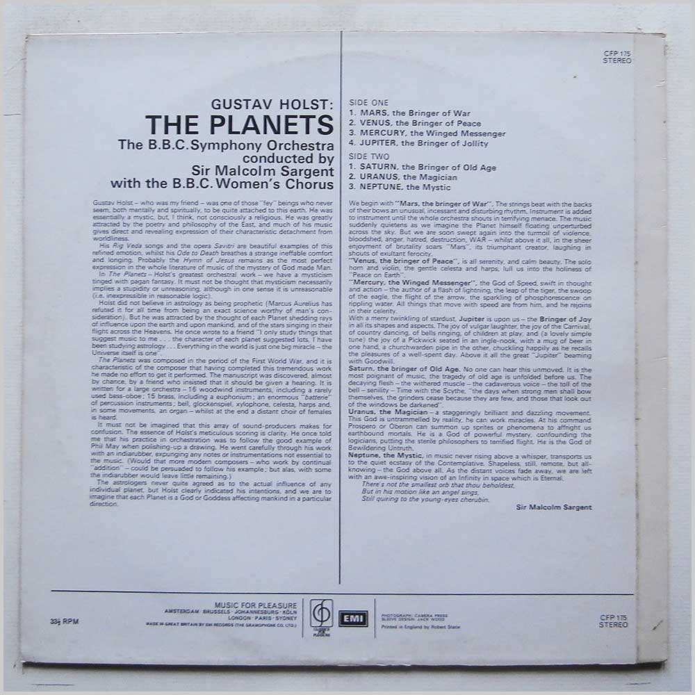 Sir Malcolm Sargent, BBC Symphony Orchestra - Holst: The Planets  (CFP 175) 