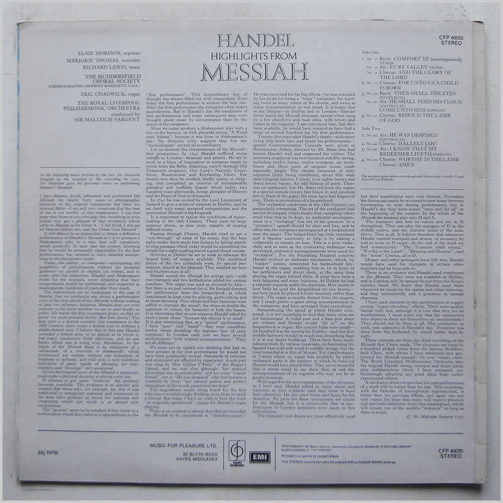 Sir Malcolm Sargent, The Huddersfield Choral Society, The Royal Liverpool Philharmonic Society - Handel: Highlights From Messiah  (CFP 40020) 