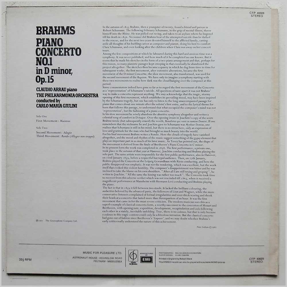 Claudio Arrau, Philharmonia Orchestra, Carlo Maria Giulini - Brahms: Piano Concerto No.1  (CFP 40028) 