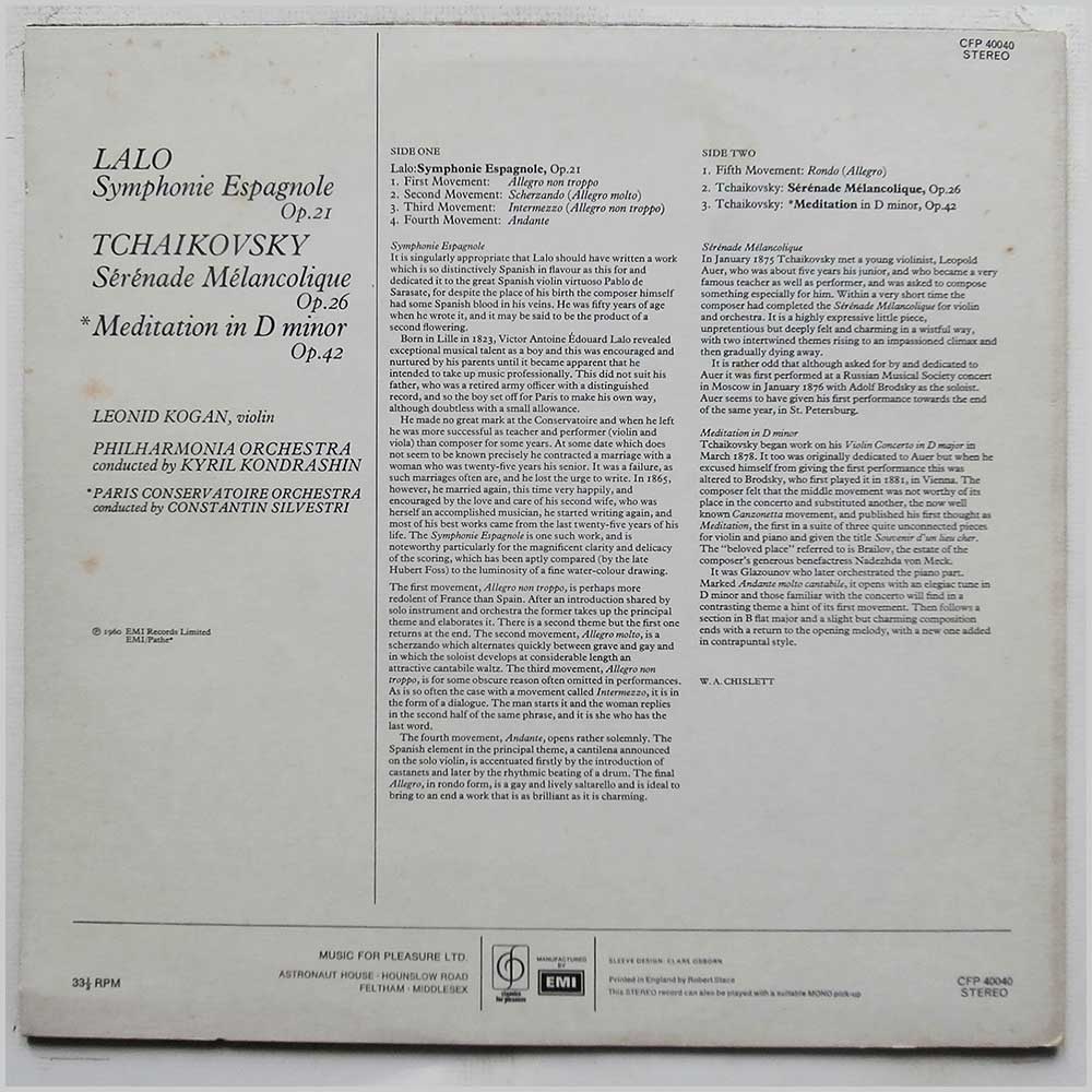 Kyril Kondrashin, Leonid Kogan, The Philharmonia Orchestra - Lalo: Symphonie Espagnole, Tchaikovsky: Serenade Melancolique, Meditation  (CFP 40040) 