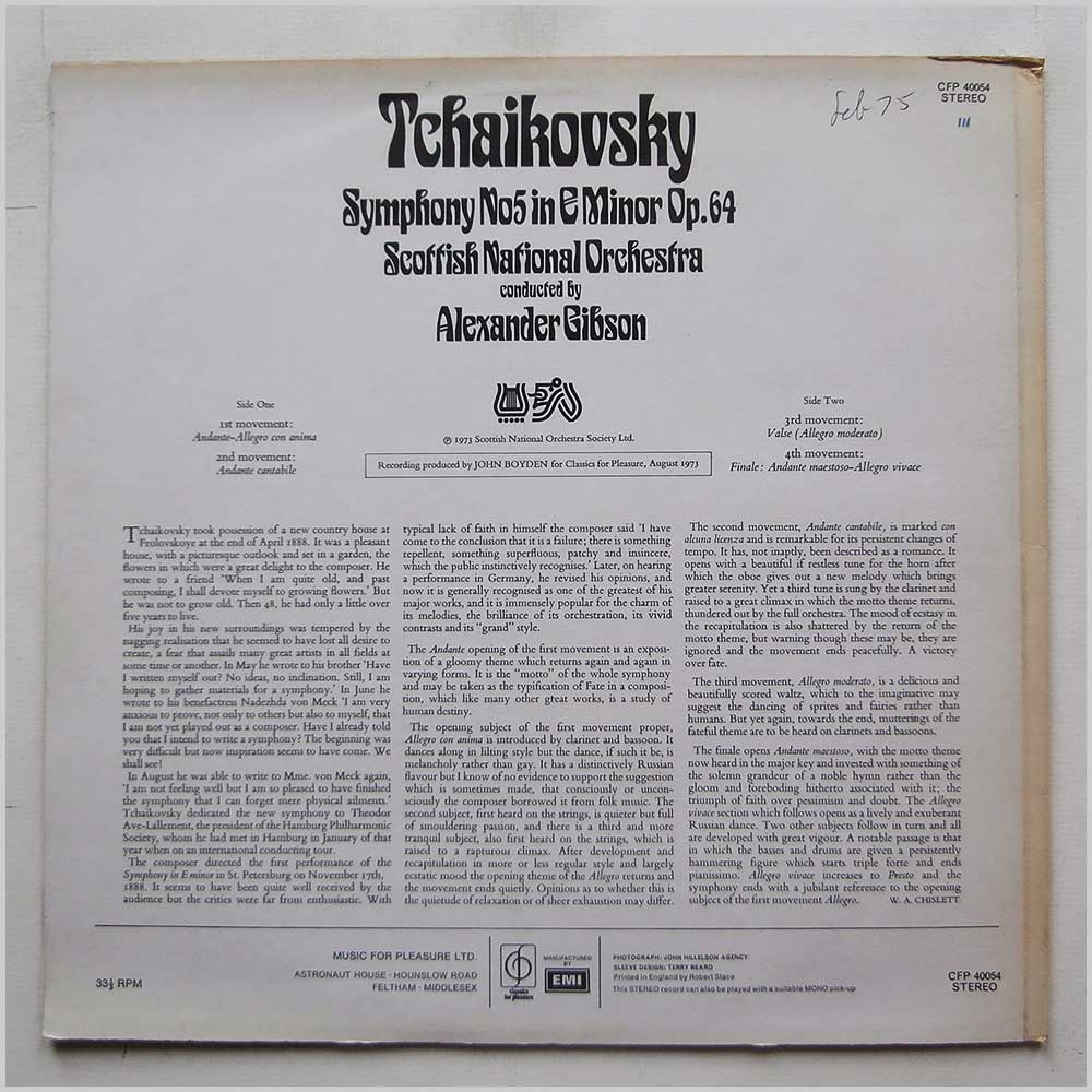Alexander Gibson, Scottish National Orchestra - Tchaikovsky: Symphony No.5 in E Minor  (CFP 40054) 