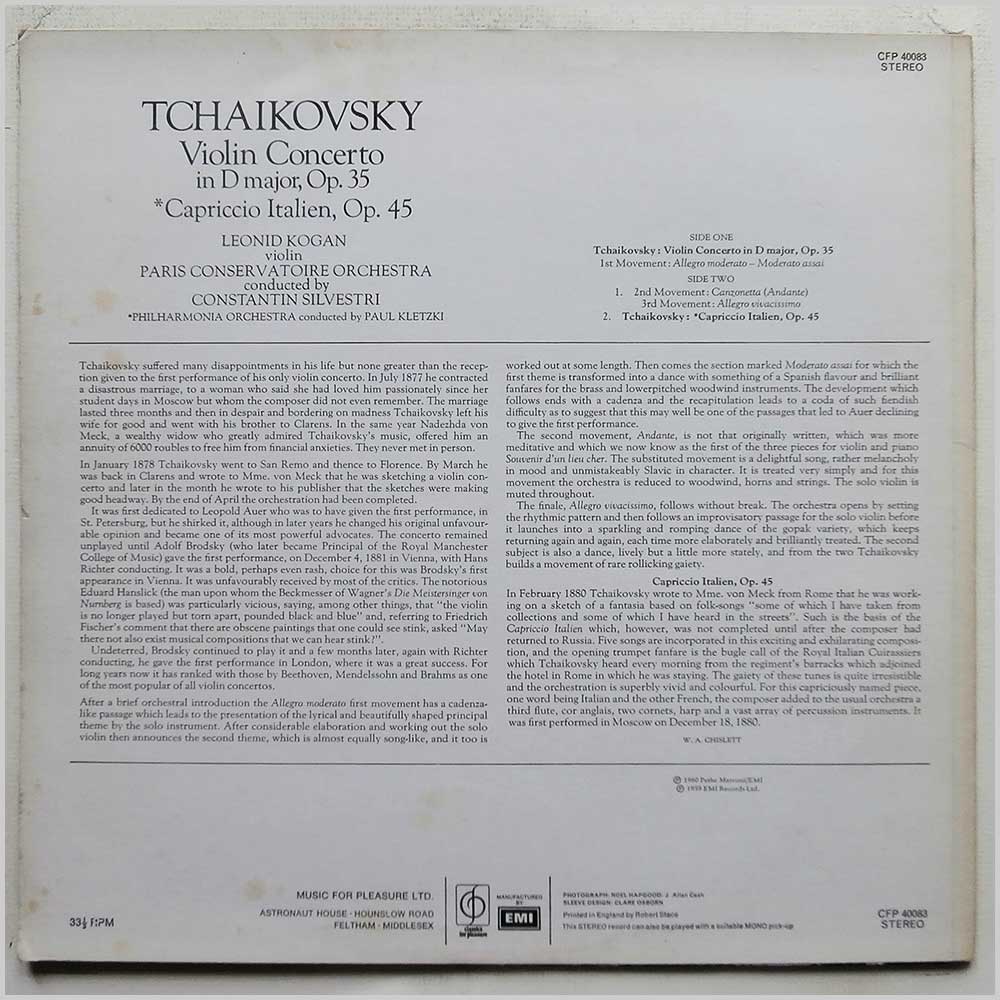 Leonid Kogan, Constantin Silvestri, Paris Conservatoire Orchestra - Tchaikovsky: Violin Concerto, Capriccio Italien  (CFP 40083) 