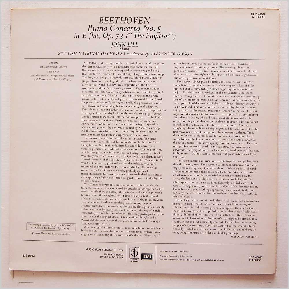 Alexander Gibson, Scottish National Orchestra - Beethoven: Piano Concerto No.5 Emperor  (CFP40087) 