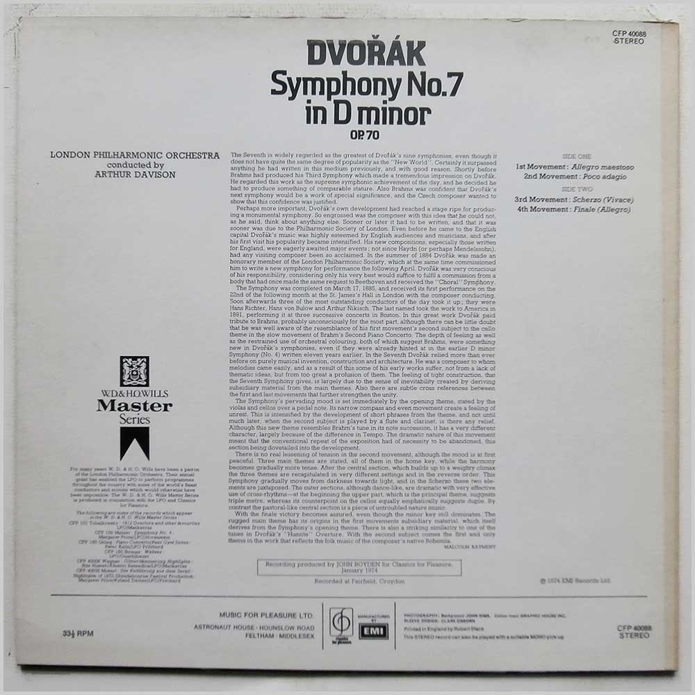 Arthur Davison, London Philharmonic Orchestra - Dvorak: Symphony No. 7 In D Minor  (CFP 40088) 