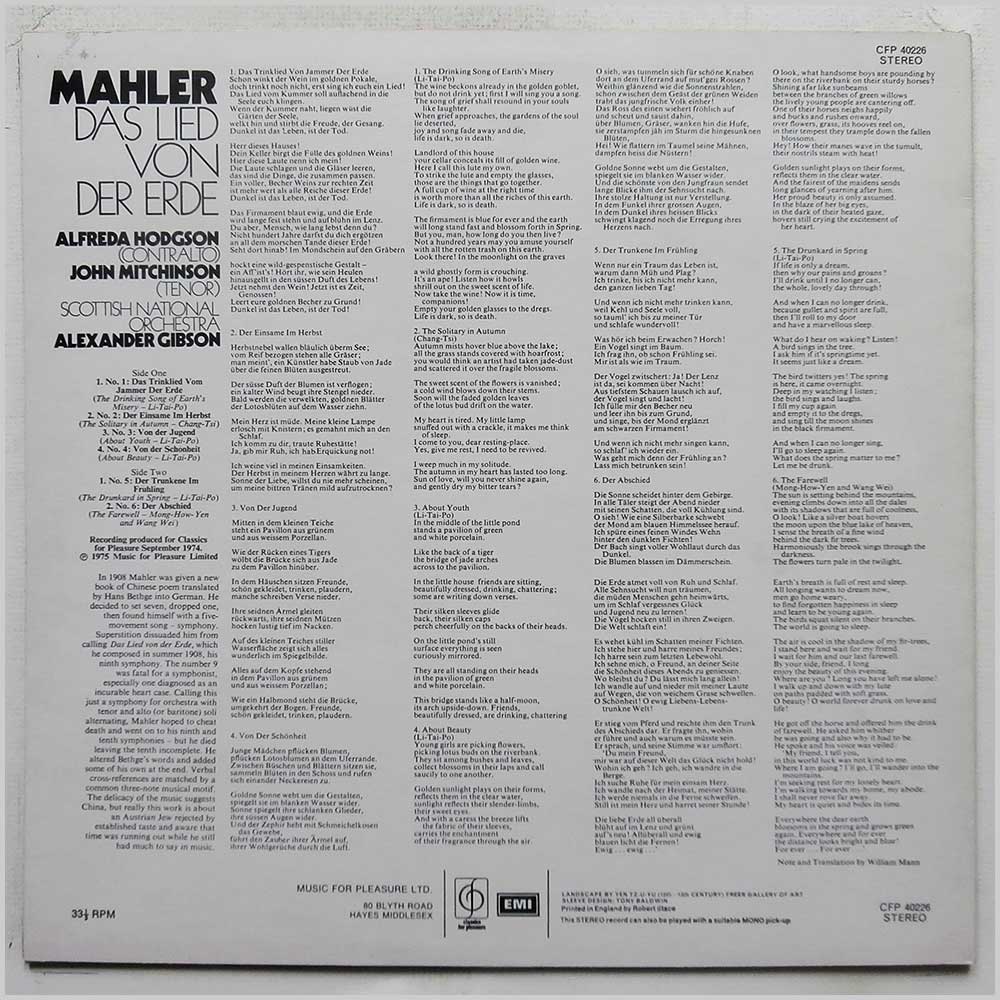 Alexander Gibson, Alfreda Hodgson, John Mitchinson, Scottish National Orchestra - Mahler: Das Lied Von Der Erde  (CFP 40226) 