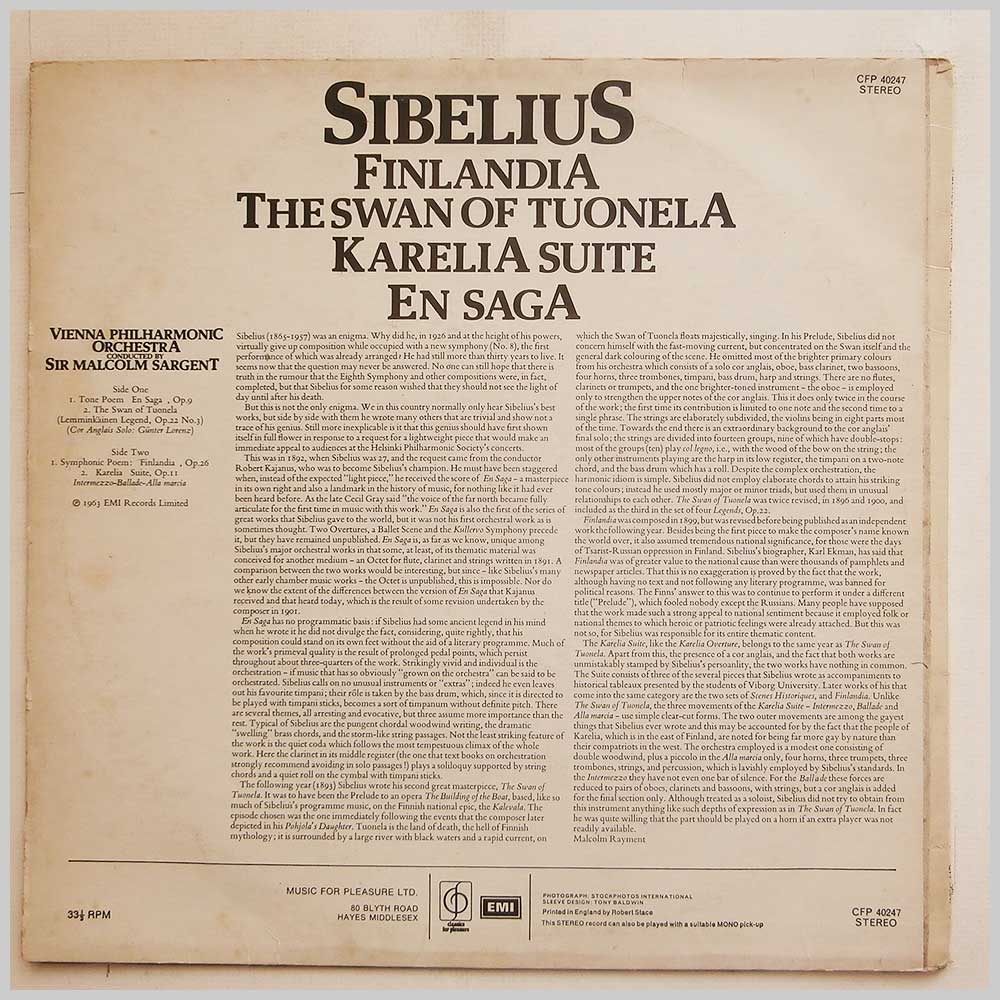 Sir Malcolm Sargent, Vienna Philharmonic Orchestra - Sibelius: Finlandia, The Swan Of Tuonela, Karelia Suite, En Saga  (CFP 40247) 