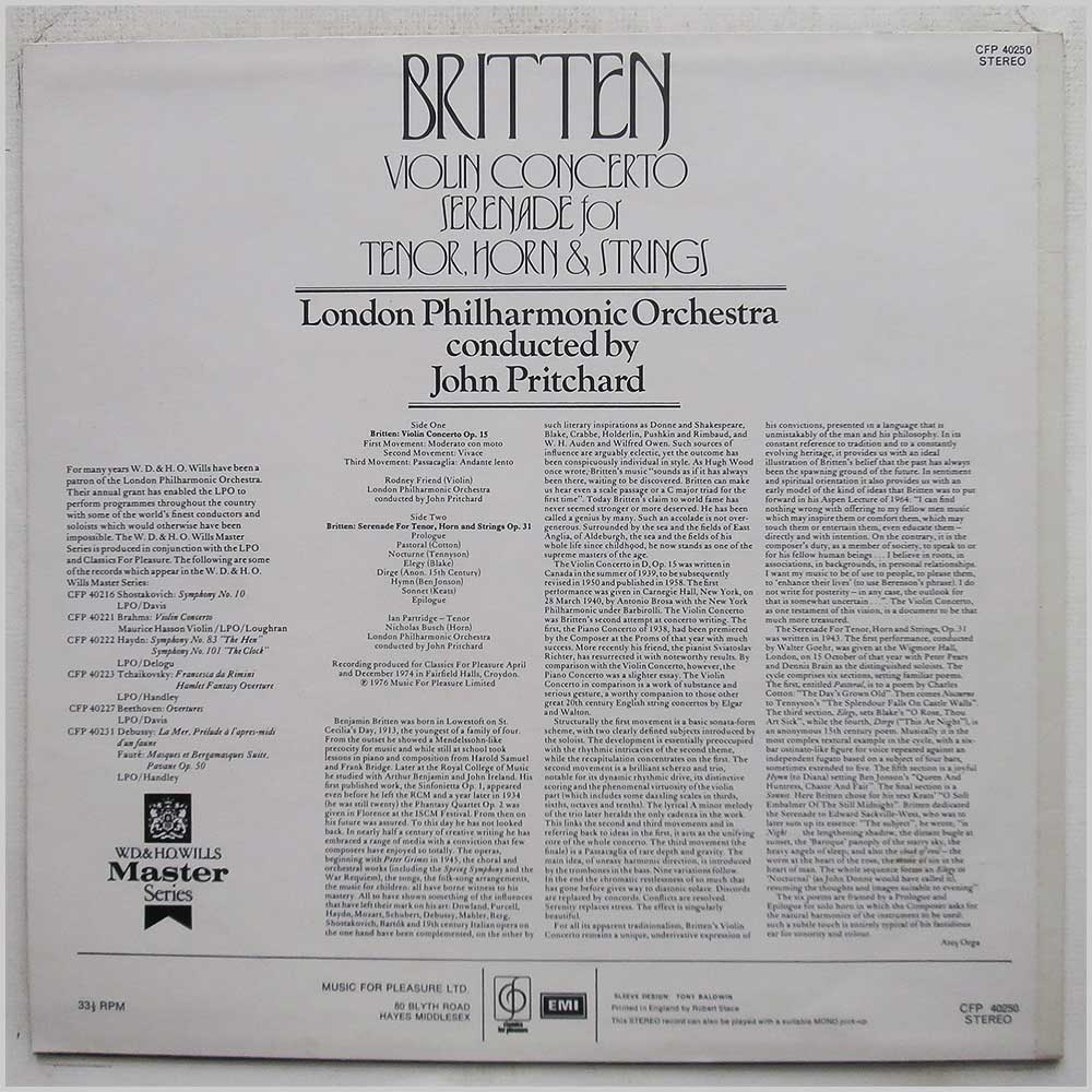 John Pritchard, The London Philharmonic Orchestra - Britten: Violin Concerto, Serenade For Tenor, Horn and Strings  (CFP 40250) 