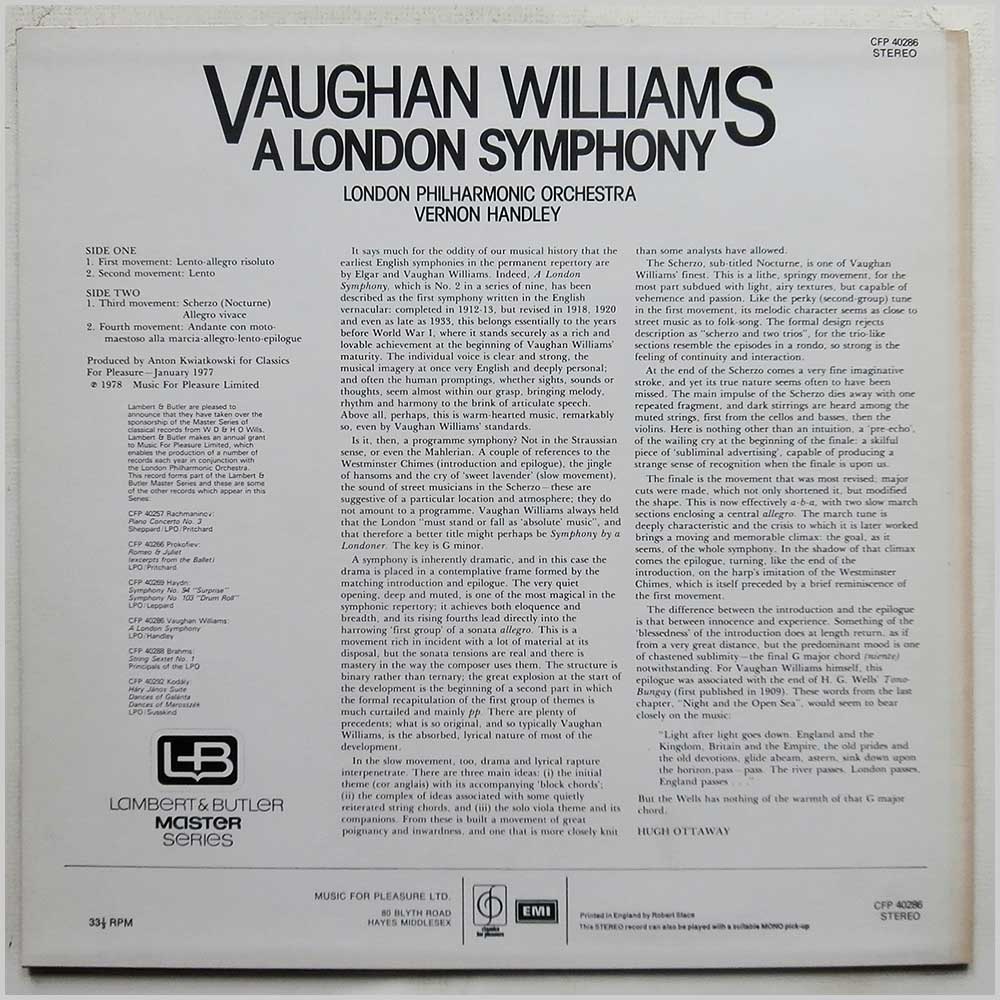 Vernon Handley, London Philharmonic Orchestra - Vaughan Williams: A London Symphony  (CFP 40286) 