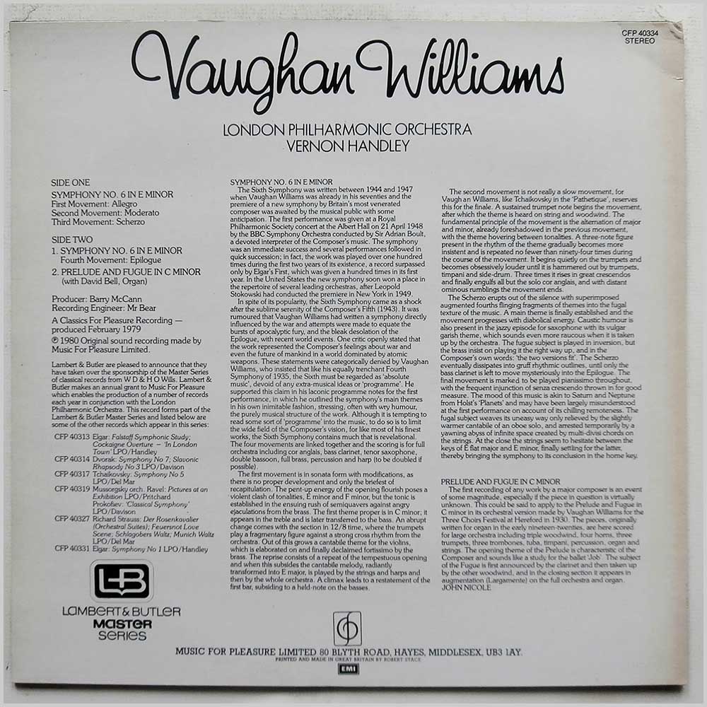 Vernon Handley, London Philharmonic Orchestra - Vaughan Williams: Symphony No 6 In E Minor, Prelude and Fugue In C Minor  (CFP 40334) 