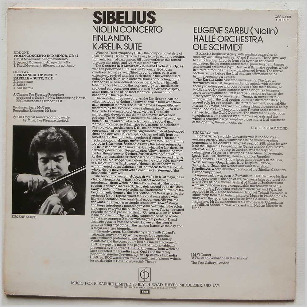 Eugene Sarbu, Halle Orchestra, Ole Schmidt - Sibelius: Violin Concerto, Finlandia, Karelia Suite (CFP 40360)