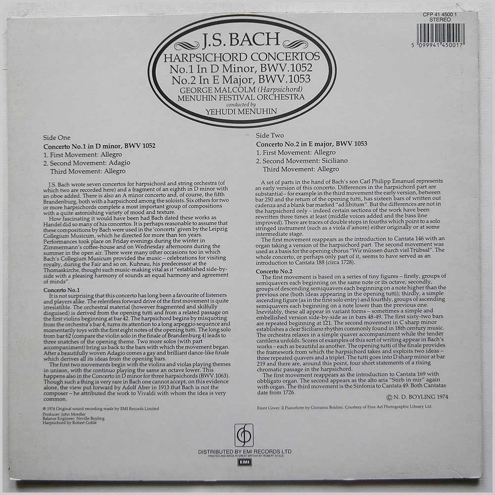 Yehudi Menuhin, Menuhin Festival Orchestra - J.S. Bach: Harpsichord Concertos  (CFP 41 4500 1) 