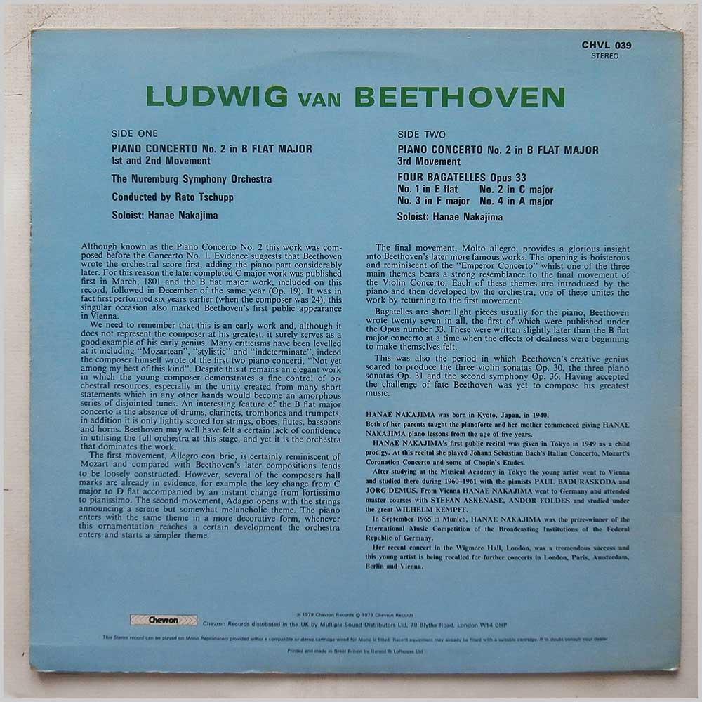 Rato Tschupp, The Nuremburg Symphony Orchestra - Ludwig Van Beethoven: Piano Concerto No.2 in B Flat Major  (CHVL 039) 