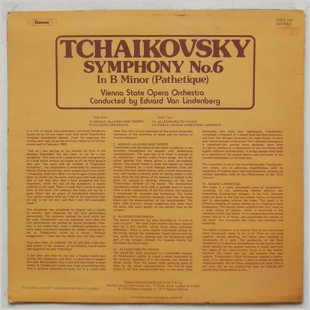 Eduard Van Lindenberg, Vienna State Opera Orchestra - Tchaikovsky: Symphony No.6 In B Minor (Pathetique)  (CHVL 166) 