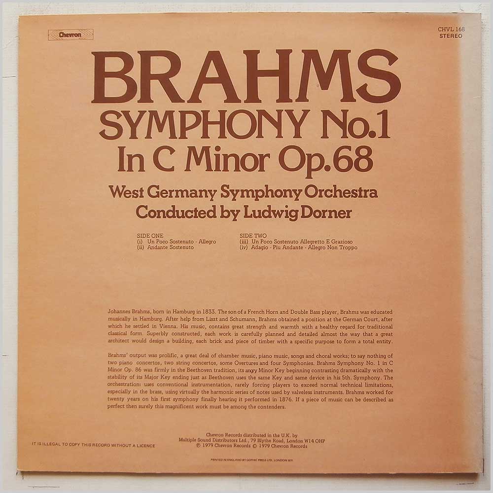 Ludwig Dorner, West Germany Symphony Orchestra - Brahms: Symphony No. 1  (CHVL 168) 