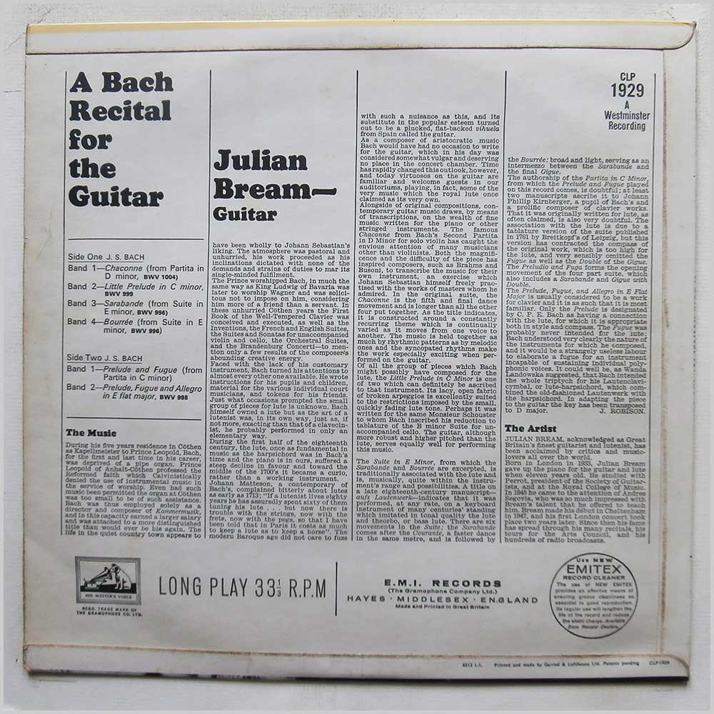 Julian Bream - A Bach Recital For The Guitar  (CLP 1929) 