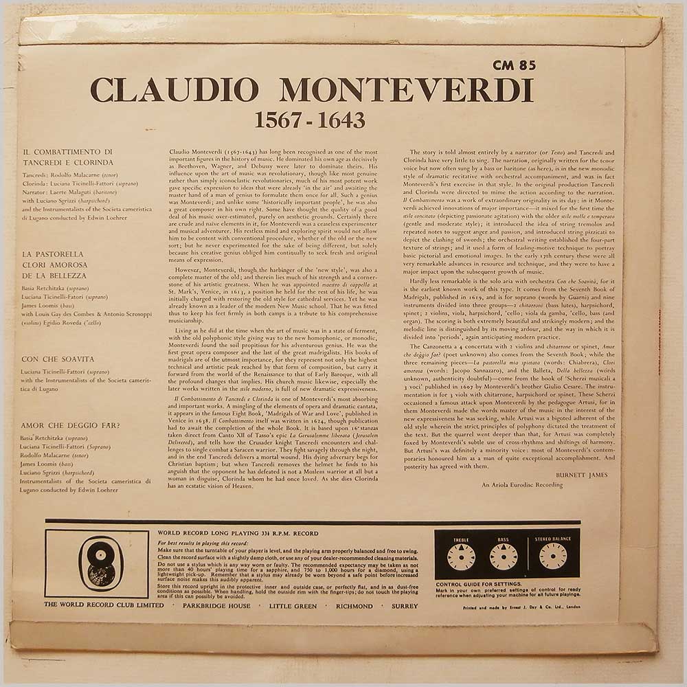 Edwin Loehrer, Soloists, Chorus and Instrumentalists Of The Societa Cameristica Di Lugano - Claudio Monteverdi (1567-1643): Tancredi and Clorinda  (CM 85) 