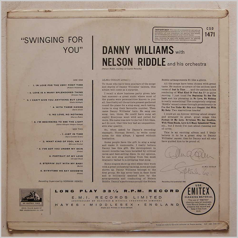 Danny Williams and Nelson Riddle - Swinging For You  (CSD 1471) 