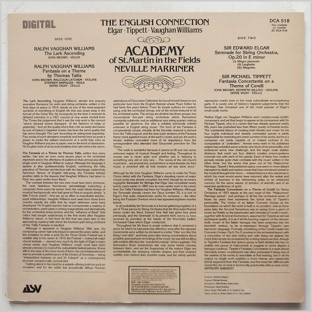 Neville Marriner, Academy Of St. Martin-in-the-Fields - The English Connection: Elgar, Tippett, Vaughan Williams  (DCA 518) 