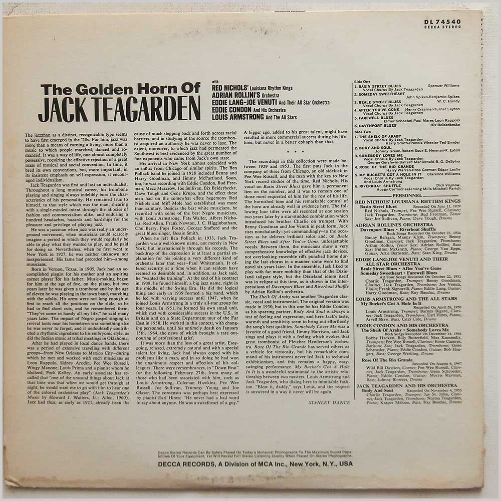 Jack Teargarden - The Golden Horn Of Jack Teargarden  (DL 74540) 