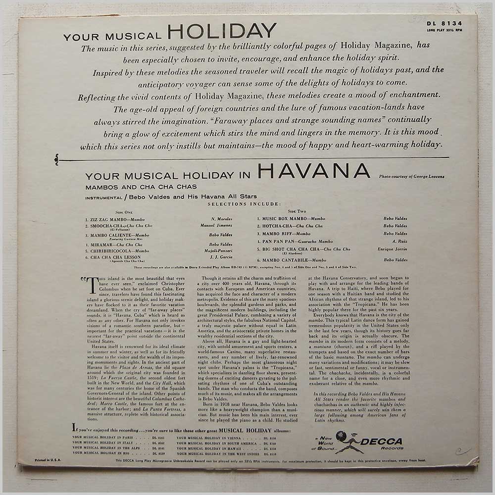 Bebo Valdes and His Havana All Stars - Your Musical Holiday in Havana  (DL 8134) 