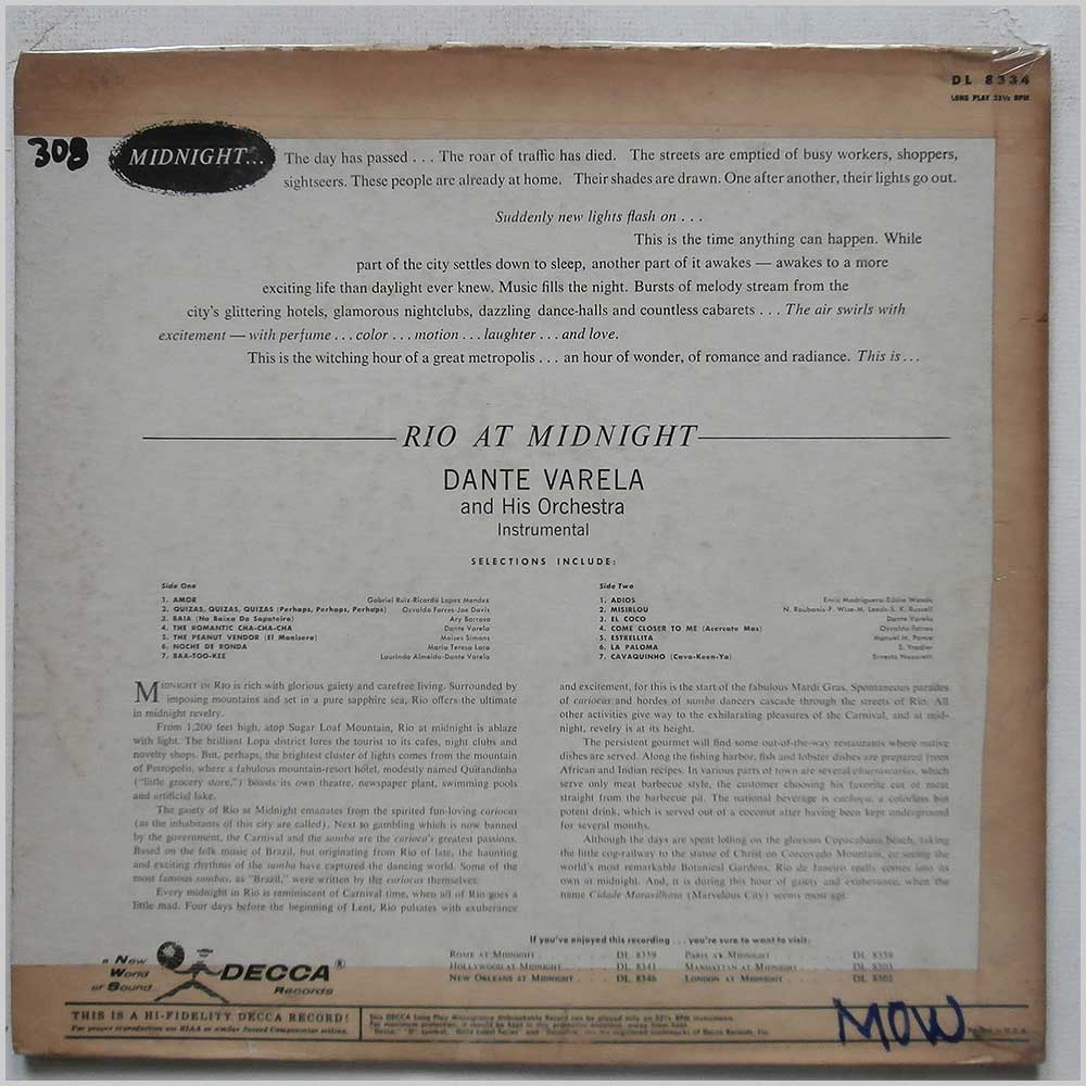 Dante Varela and His Orchestra - Rio At Midnight  (DL 8334) 