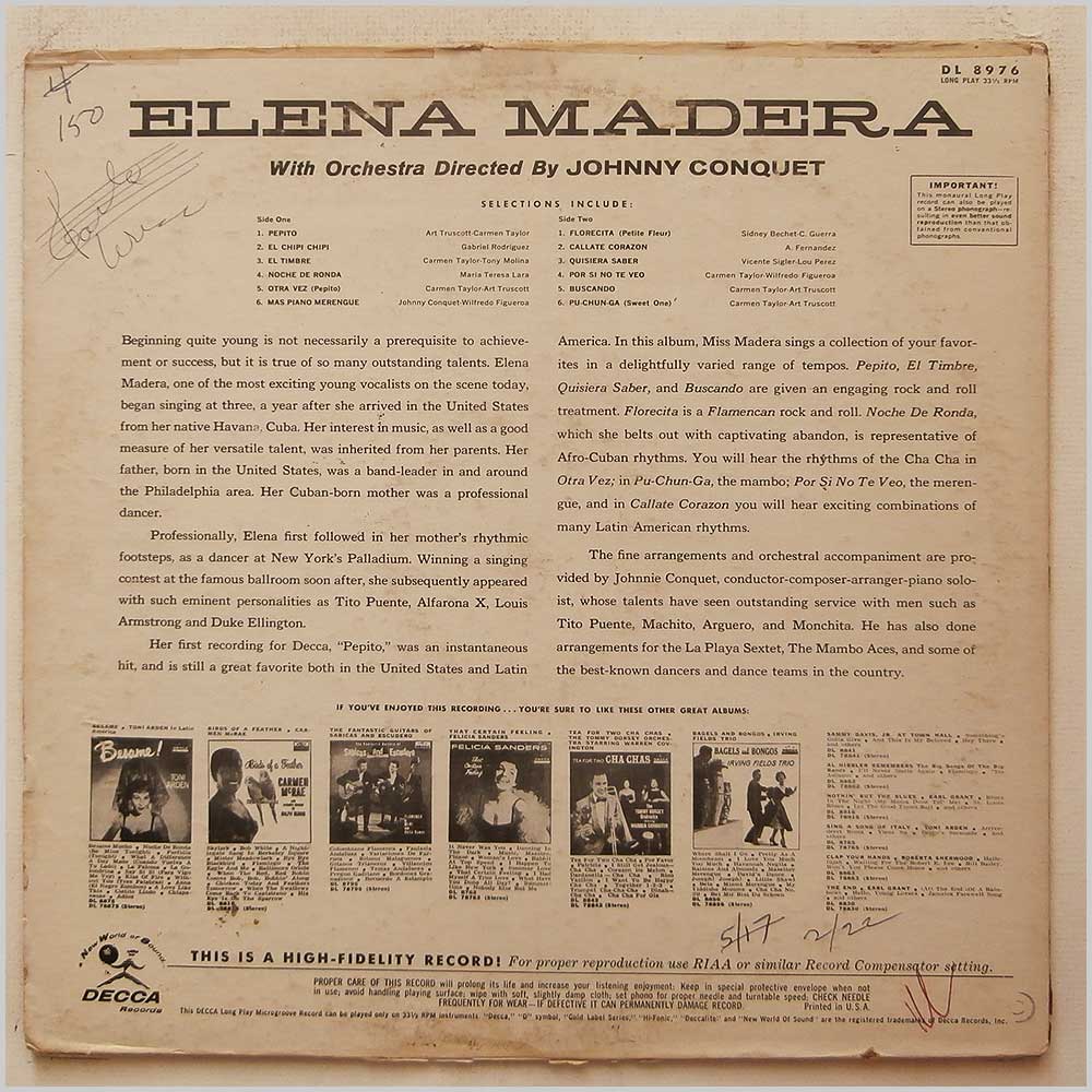 Elena Madera - Elena Madera With Orchestra Directed By Johnny Conquet  (DL 8976) 