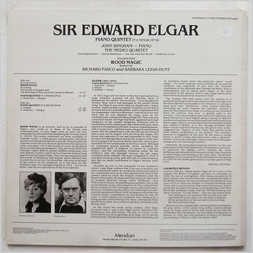 John Bingham, The Medici Quartet, Richard Pasco, Barbara Leigh-Hunt - Sir Edward Elgar: Piano Quintet in A Minor Op 84, Excerpts from Wood Magic  (E77082) 