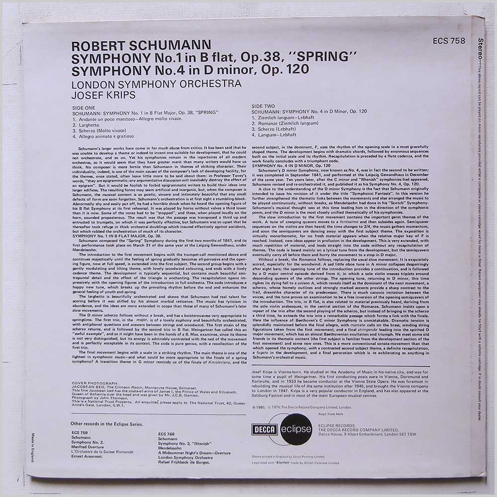 Josef Krips, London Symphony Orchestra - Schumann: Symphony No. 1 Spring, Symphony No. 4  (ECS 758) 