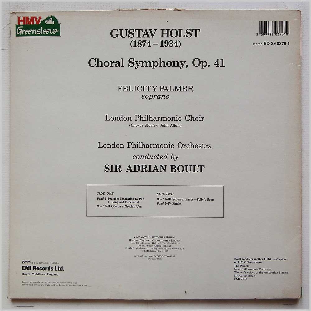 Sir Adrian Boult, London Philharmonic Orchestra - Holst: Choral Symphony  (ED 29 0378 1) 