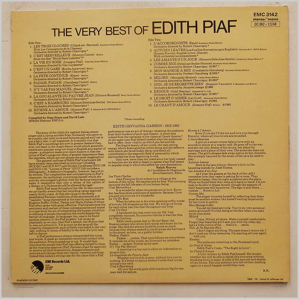 Edith Piaf - The Very Best Of Edith Piaf  (EMC 3142) 