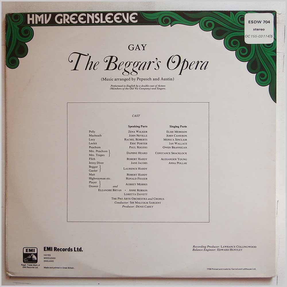 Sir Malcolm Sargent, Pro Arte Orchestra and Chourus - The Beggars Opera  (ESDW 704) 