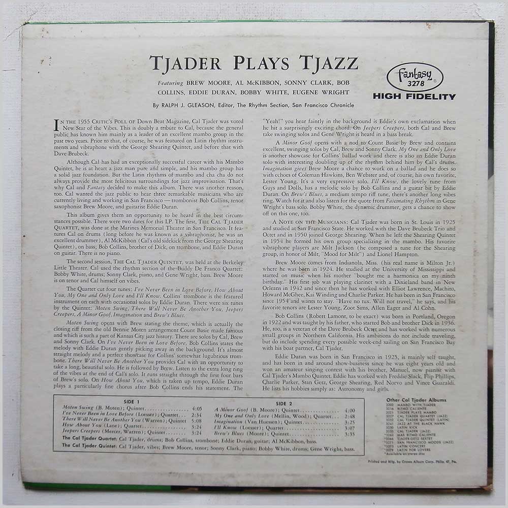Cal Tjader Quintet and Quartet - Tjader Plays Tjazz  (FANTASY 3278) 