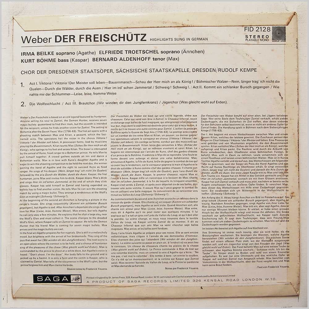 Rudolf Kempe, Chorus Of The Dresden State Opera, Saxon State Orchestra - Carl Maria von Weber: Der Freischutz  (FID 2128) 