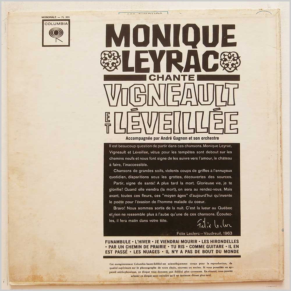 Moniqe Leyrac - Monique Leyrac Chante Vigneault At Leveillee  (FL 301) 