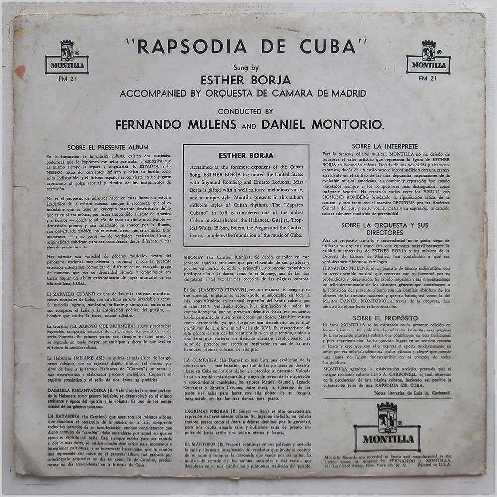 Esther Borja, The Orquesta De Camara De Madrid - Rapsodia De Cuba Featuring Esther Borja  (FM 21) 