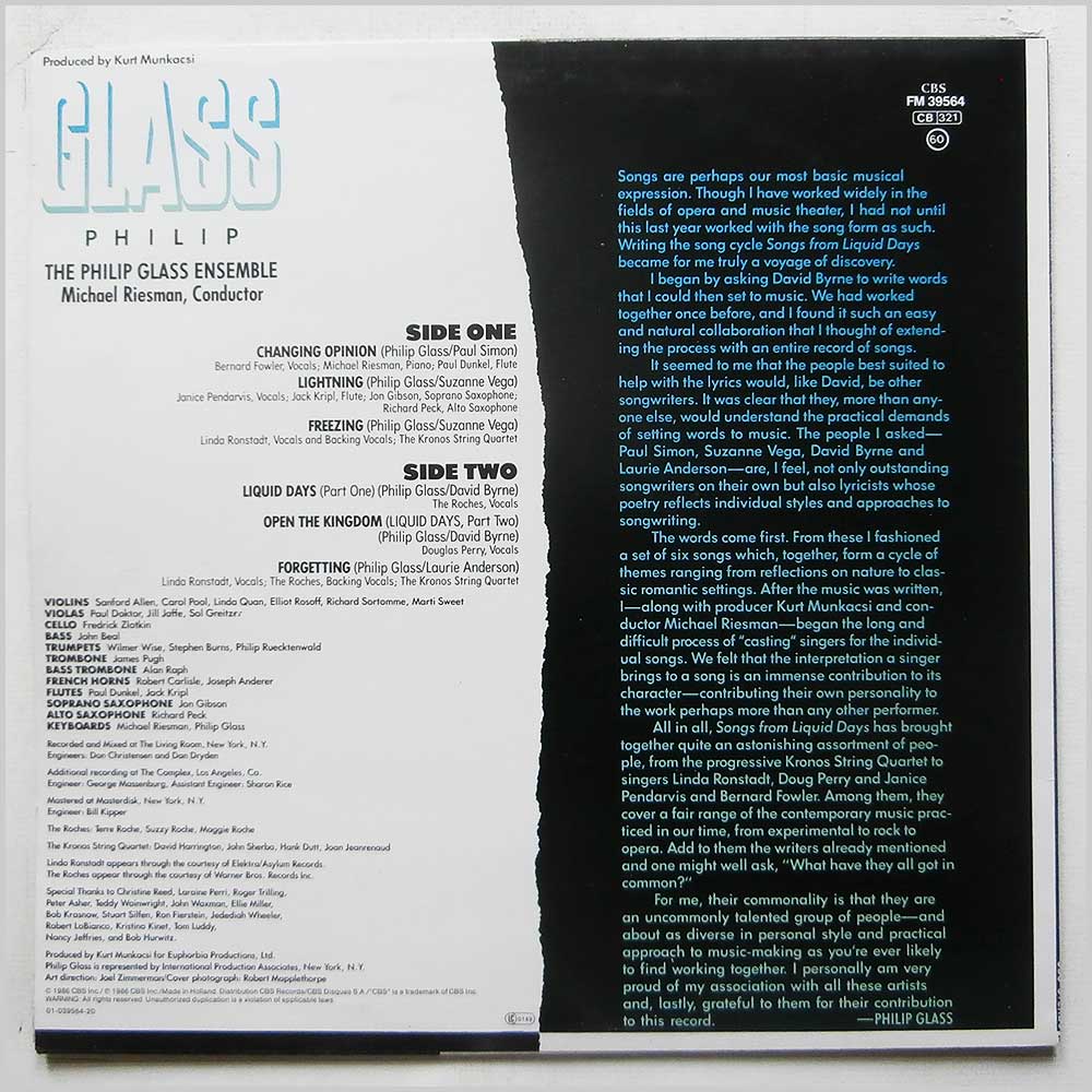 Philip Glass - Songs From Liquid Days  (FM 39564) 