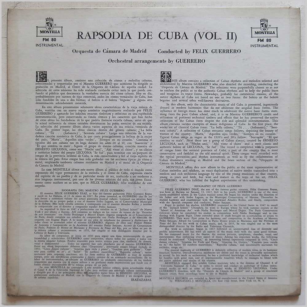 Felix Guerrero, Orquesta Camara De Madrid - Mood Music From Cuba (Rapsodia De Cuba Vol. II)  (FM 80) 