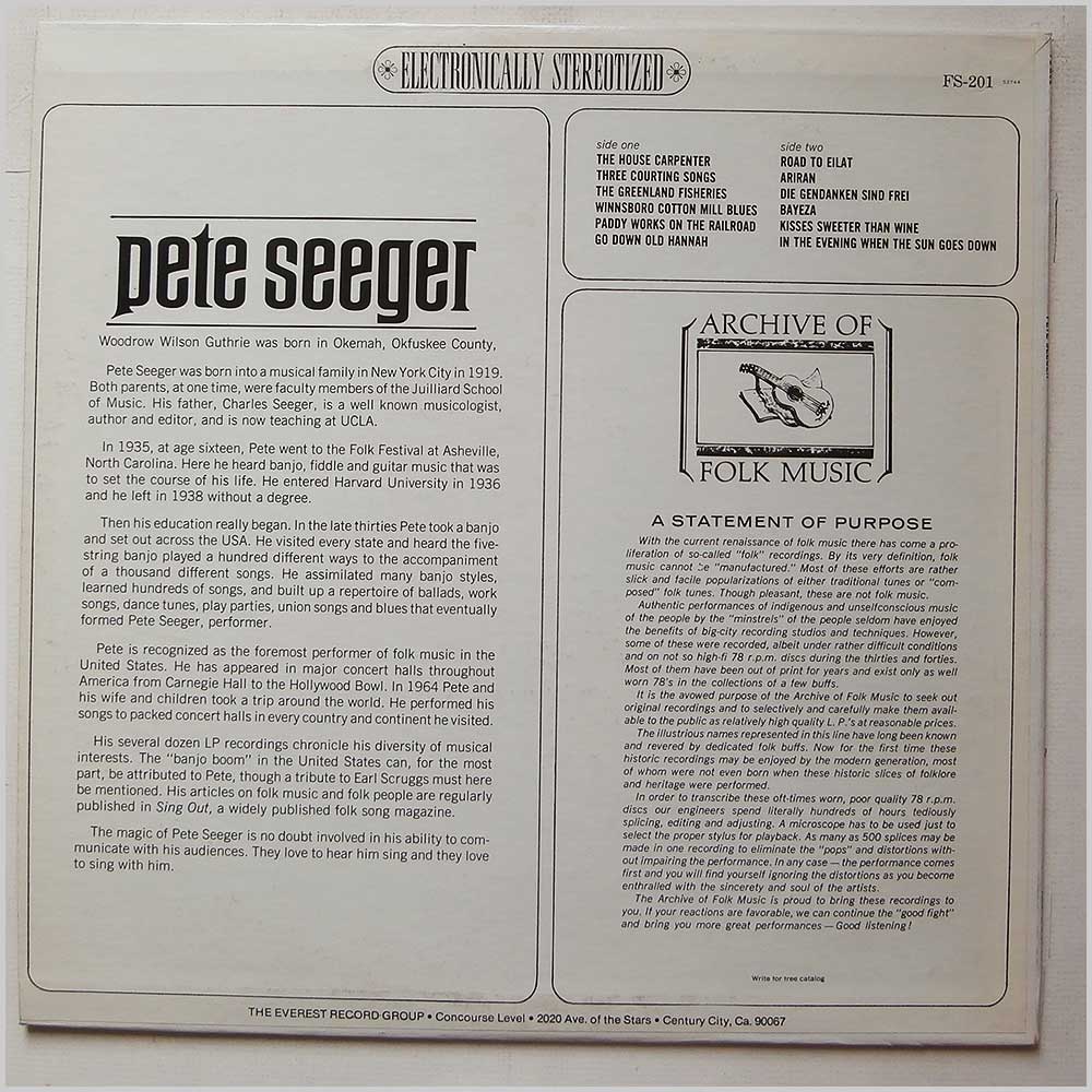 Pete Seeger - Archive Of Folk Music: Pete Seeger  (FS-201) 