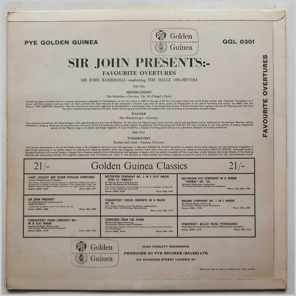 Sir John Barbirolli, Halle Orchestra - Sir John Presents Favourite Overtures  (GGL 0301) 