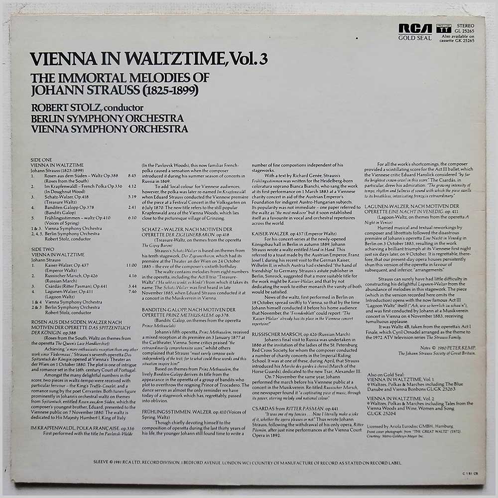 Robert Stolz, Berlin Symphony Orchestra, Vienna Symphony Orchestra - Johann Strauss: Vienna In Waltztime, Vol. 3  (GL 25265) 